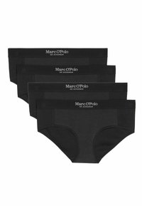 Slip in cotone nero con una fascia elastica decorata con il logo "Marc O’Polo". Quattro slip disposti in ordine da davanti a dietro.