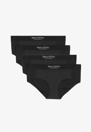 Sorte bomuldsblandede trusser med en elastisk talje, der har "Marc O’Polo" logoet. Fire trusser arrangeret i rækkefølge fra for til bag.