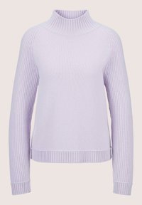 Heller lila Pullover mit hohem Rippenkragen, gerippten Bündchen und einer glatten Textur. Verfügt über eine lockere Passform und lange Ärmel.