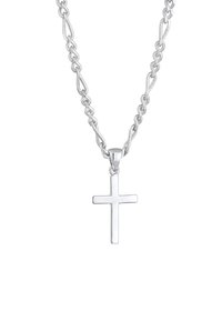 Collana in argento con un design a catena allungato e una croce pendente in argento lucido. Semplice e geometrica, con una superficie liscia.