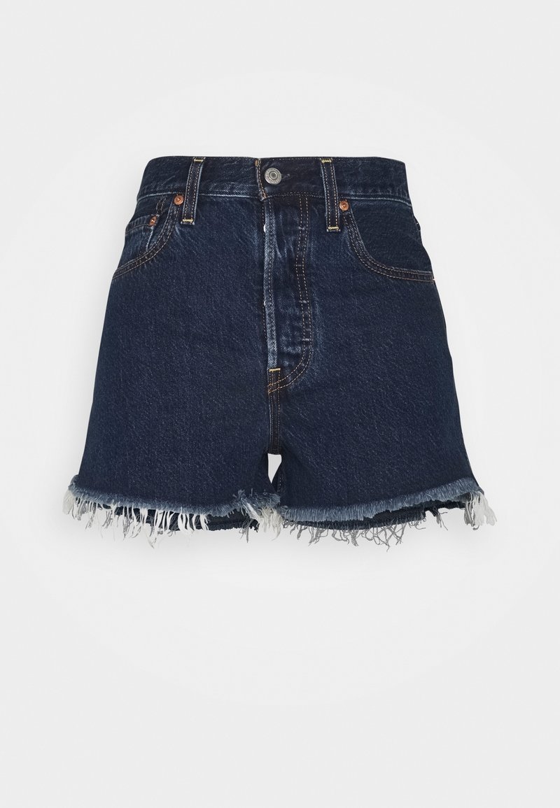 Shorts en denim bleu foncé avec ourlet effiloché, design à cinq poches, fermeture à bouton en métal et accents en fil doré.