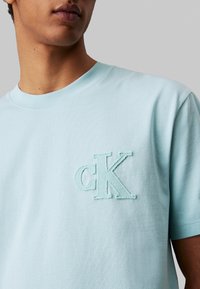 Jasnoniebieska bawełniana koszulka z krótkim rękawem z teksturowanym haftowanym logo "ck" z lewej strony klatki piersiowej. Okrągły dekolt.
