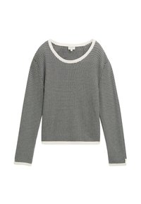 Schwarz-weißer karierten Langarmpullover mit weitem Rundhalsausschnitt, weißem Bund und Bündchen. Glatte Textur, lässige Passform und verkürztes Design.