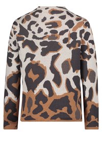 Leopard-print sweater in cream, brown, and black; features long sleeves and relaxed fit. Textured fabric with abstract patterns throughout.