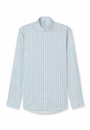 Lichtblauw-wit gestreept shirt met lange mouwen, een kraag, knopen aan de voorkant en een ronde zoom; de stof lijkt glad en lichtgewicht.