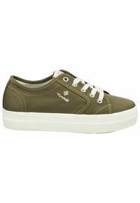 Olive green canvas sneakers with white laces, a rubber sole, and a subtle logo detail on the side. Flat design with round toe.
