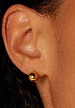 Boucle d'oreille en or avec une surface lisse et réfléchissante ; portée sur l'oreille d'un modèle. Un gros plan montre la forme ronde de la boucle et son point de fixation.