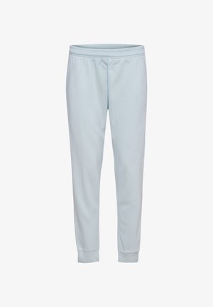 Lichtblauwe sweatpants van zachte stof, met een elastische tailleband, taps toelopende pijpen en ribgebreide boorden. Geen zichtbare patronen of logo's.