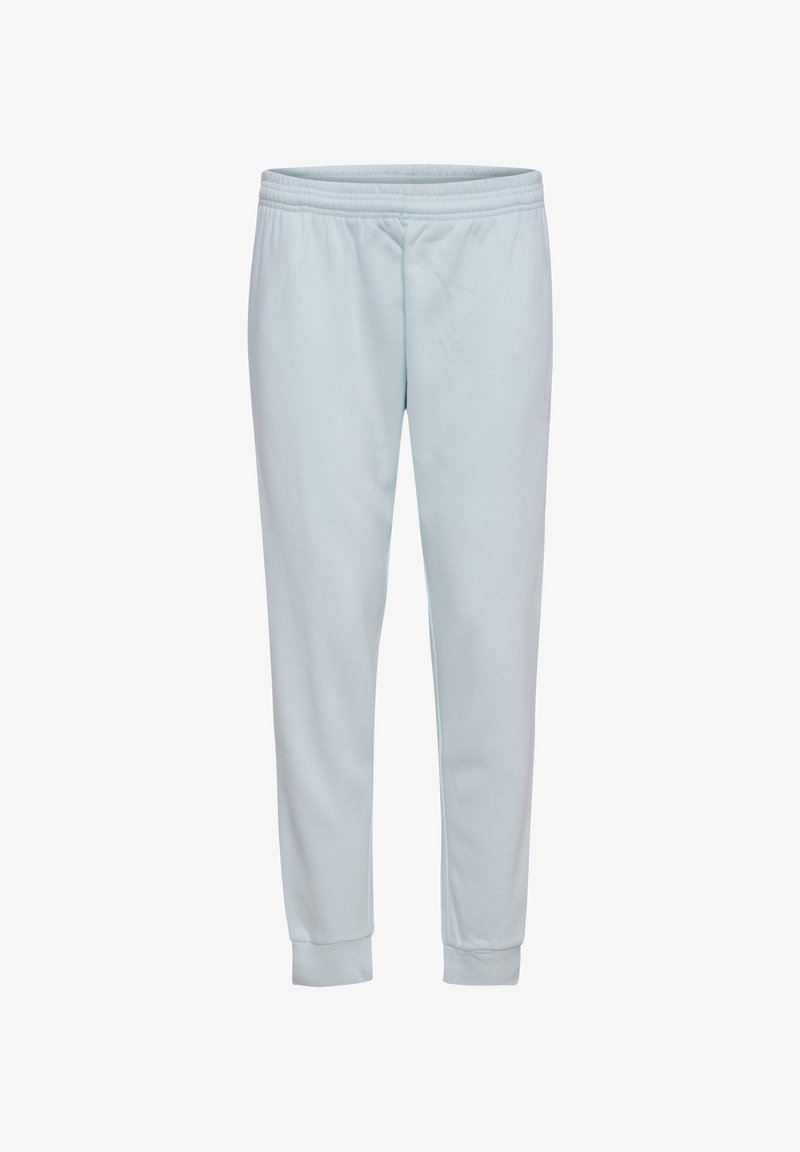 Jasnoniebieskie dresy wykonane z miękkiego materiału, z elastycznym pasem, zwężanymi nogawkami i prążkowanymi mankietami. Bez widocznych wzorów ani logo.