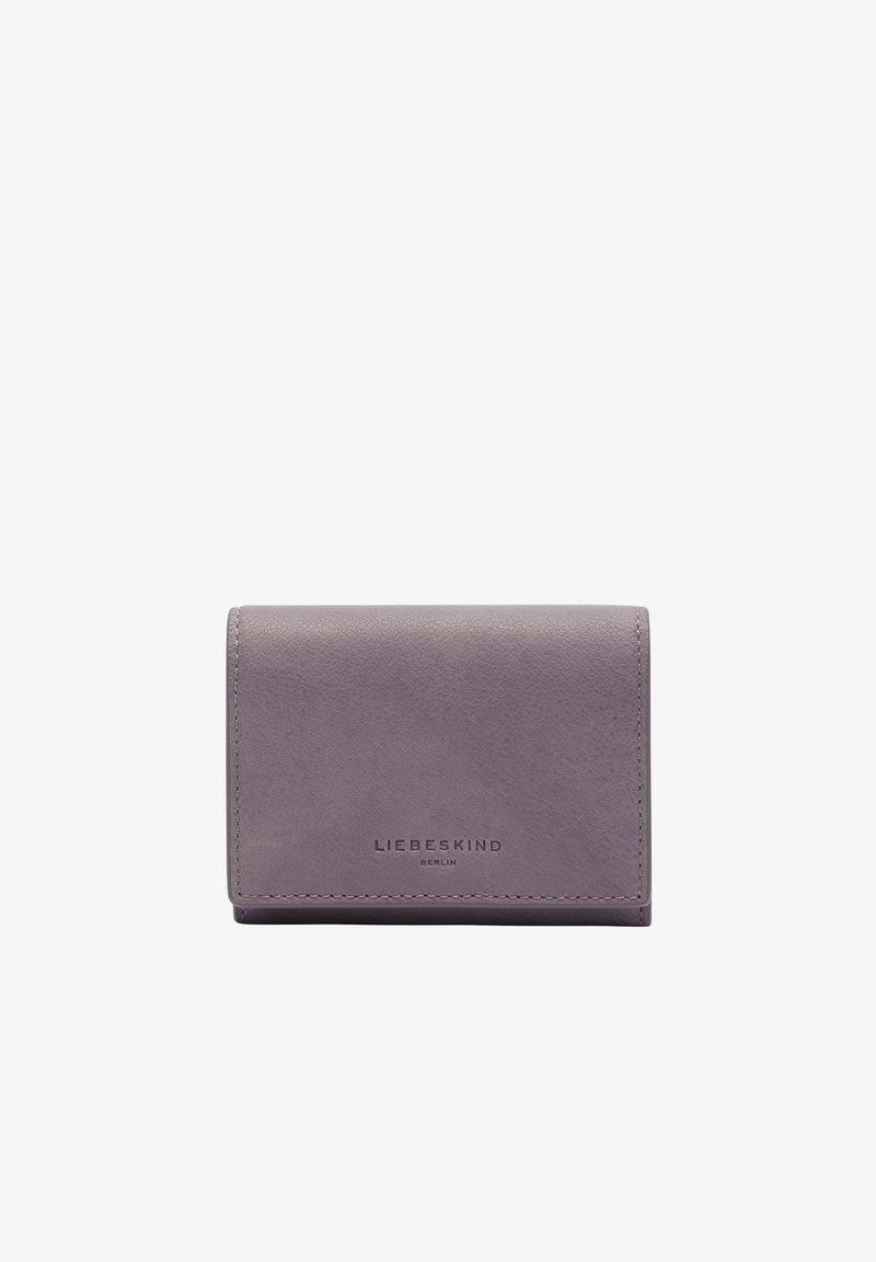 Portefeuille en cuir de couleur lavande douce, en forme rectangulaire avec une texture subtile. Présente un logo embossé à l'avant et des bords nets.