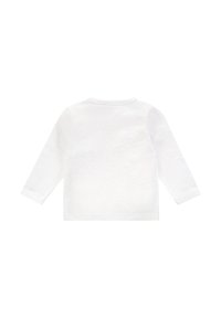 Weißes Langarmshirt, von hinten betrachtet. Hat einen runden Halsausschnitt und einfache Nähte. Der Stoff wirkt leicht und leicht strukturiert.
