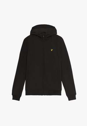 Haut de survêtement à zip noir en tissu doux, avec une capuche à cordon, deux poches latérales et un petit logo jaune sur la poitrine.