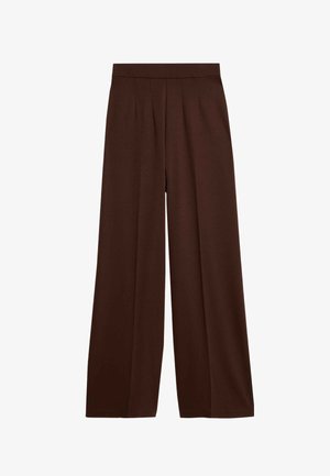 Pantalon marron à jambes larges et taille haute, présentant des plis verticaux et une texture de tissu lisse. Design simple avec une couleur unie.