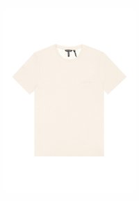 T-shirt beige chiaro realizzata in tessuto testurizzato, con scollo rotondo e maniche corte. Piccolo logo in evidenza sul davanti.