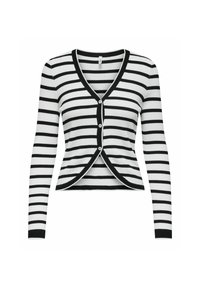 Cardigan à rayures noires et blanches avec un col en V, manches longues et coupe ajustée. Comprend une fermeture à boutons et une texture côtelée.