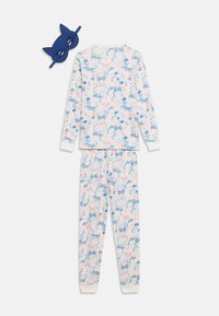 Pyjama à manches longues pour enfants avec motifs bleus d'animaux et de fleurs, assorti à un masque de sommeil bleu en forme de chat avec une sangle élastique.