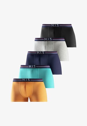 Türkise Stretch-Boxershorts mit einem marineblauen und roten gestreiften Bund, der den Text "H.I.S." in Weiß zeigt. Weicher Stoff mit glatter Textur.