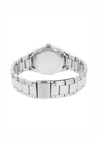 Zilveren roestvrijstalen horloge met een gepolijste afwerking, schakelarmband en een ronde kast. Heeft een gestructureerde kroon en eengegraveerde kastrug.