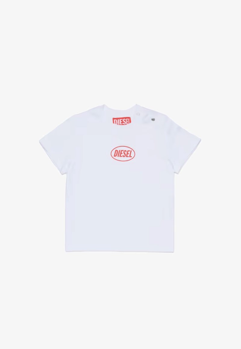T-shirt blanc à manches courtes avec le logo rouge « DIESEL » centré sur la poitrine et à l'intérieur de l'encolure dos.