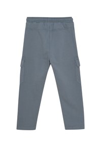 Blauw-grijze cargo pants met een elastische tailleband en klepzakken aan beide zijden, weergegeven van achteren op een witte achtergrond.
