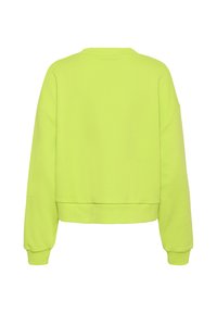 Sweat-shirt vert citron vif à manches longues et col rond, avec poignets et ourlet côtelés, vu de dos sur fond blanc.