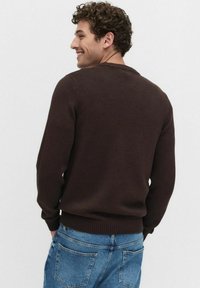 Bruine gebreide trui met een ronde hals, geribbelde manchetten en zoom. Model draagt deze met een blauwe spijkerbroek, gezien vanuit de rug tegen een effen achtergrond.