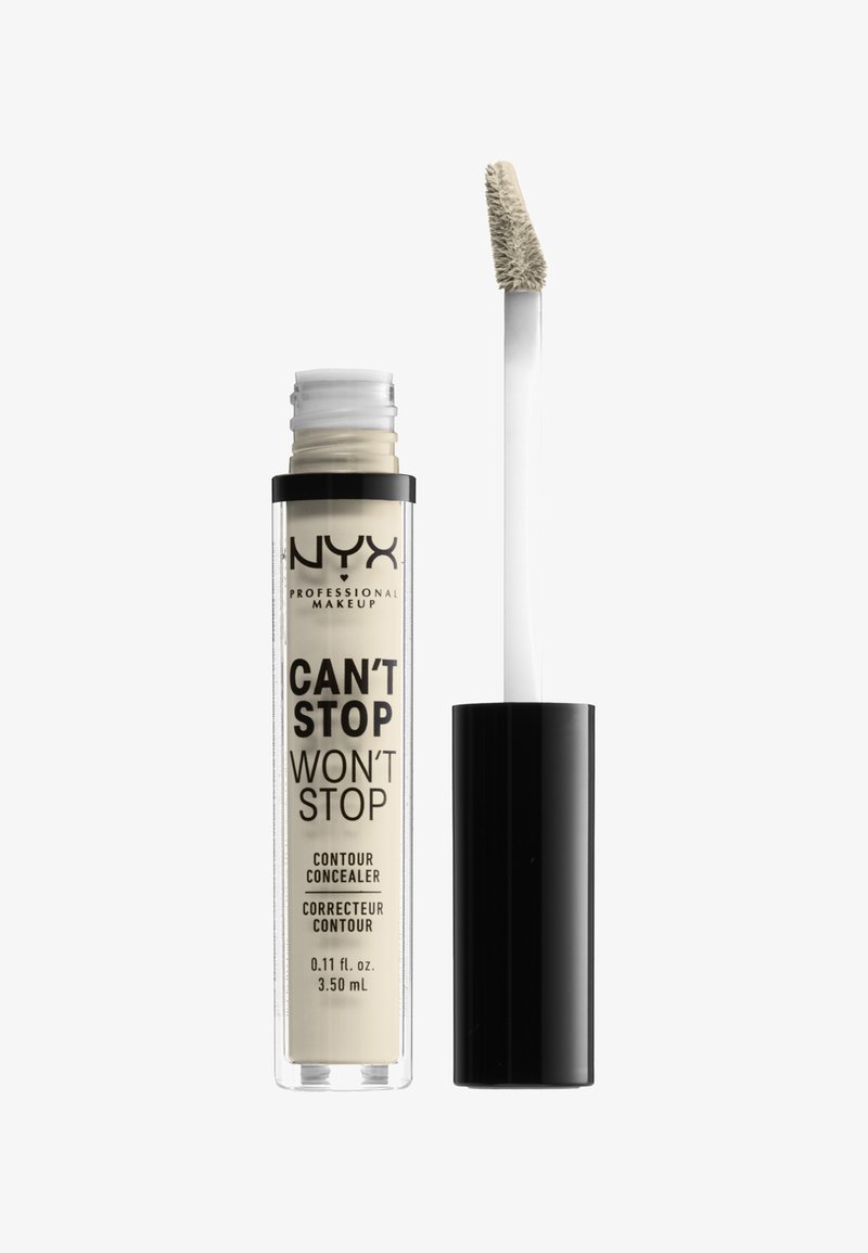 NYX Can't Stop Won't Stop Contour Concealer in een doorzichtig tube met een zwarte dop. Bevat een applicator met een voetje; licht beige kleur.