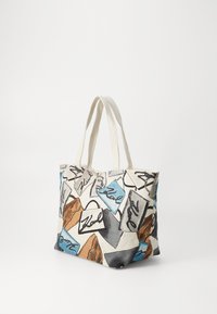 Canvas tote bag featuring an assortment of colorful illustrated shopping bags with black accents and the name "Karl" in various styles.