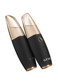 Svart och guld vaporizator med en elegant, rundad form; klar vätskekammare; utrustad med en strömbrytare och präglad logotyp.