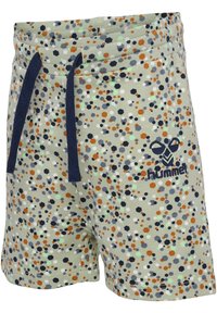 Groene gestreepte shorts met een gespikkeld ontwerp in verschillende kleuren, voorzien van een trekkoord in de taille en een marineblauw logo accent.