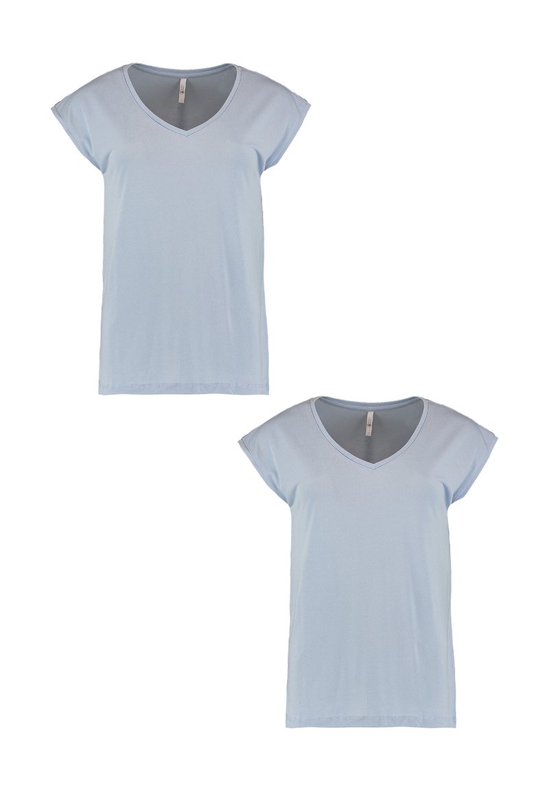 Light blue V-neck t-shirt made from soft fabric. Features short cap sleeves and a relaxed fit with no patterns or additional accents.