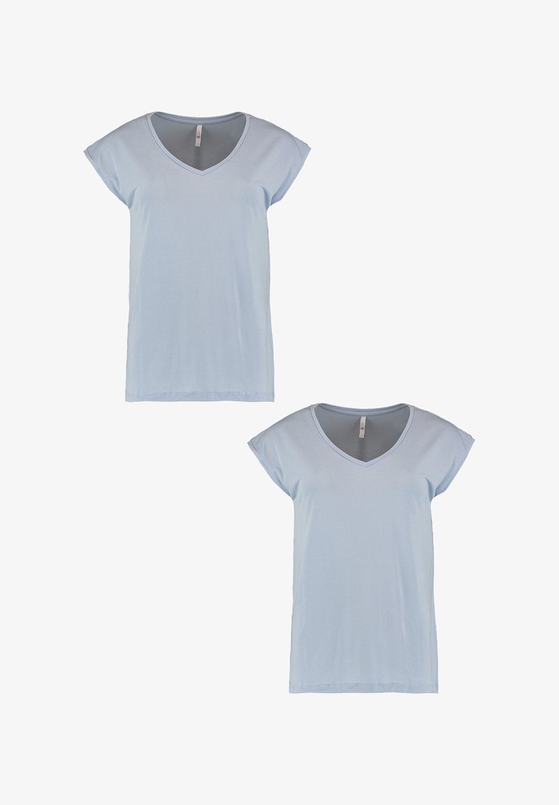 Light blue V-neck t-shirt made from soft fabric. Features short cap sleeves and a relaxed fit with no patterns or additional accents.