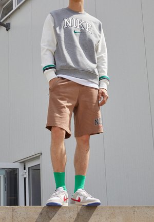 Grå sweatshirt med vita ärmar, gröna detaljer och "NIKE"-logotyp. Bruna shorts med "NIKE"-broderi. Vita sneakers med röda och blå detaljer.