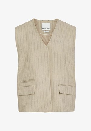 Beežid triibulised varrukateta vest V-kaelusega, kahe klapiga taskuga ja särgi siseküljel silt "ROUGE EDIT".