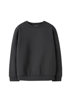 Sweatshirt à col rond à manches longues gris foncé avec des poignets et une taille côtelés, présenté sur un fond blanc.
