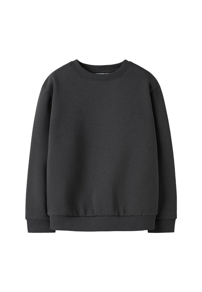Sweatshirt à col rond à manches longues gris foncé avec des poignets et une taille côtelés, présenté sur un fond blanc.