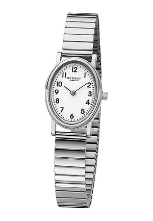 Silver-tone metal watch with a round white face, black Arabic numerals, and a textured band. Features a simple design with a central crown.