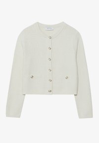 Krémový pletený cardigan s dlouhými rukávy, šesti stříbrnými knoflíky vpředu a dvěma předními kapsami s odpovídajícími knoflíky.