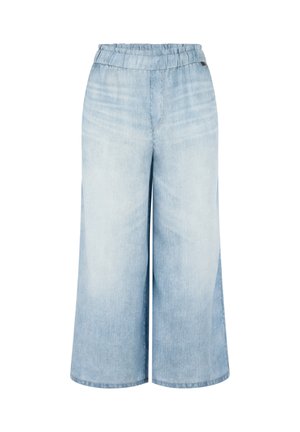 Light blue wide-leg cropped denim pants with elastic waistband and subtle faded wash on front.