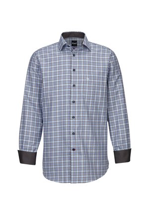 Camicia da uomo a maniche lunghe con fantasia a quadri blu e bianca, con polsini e colletto grigio scuro, dotata di chiusura con bottoni e taschino.