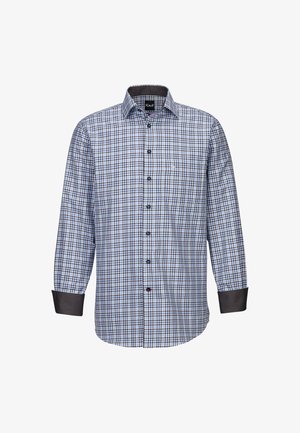 Herren Langarmhemd in blau-weißer Karomusterung, mit dunkelgrauen Manschetten und Kragen, ausgestattet mit einer Knopfleiste und einer Tasche.