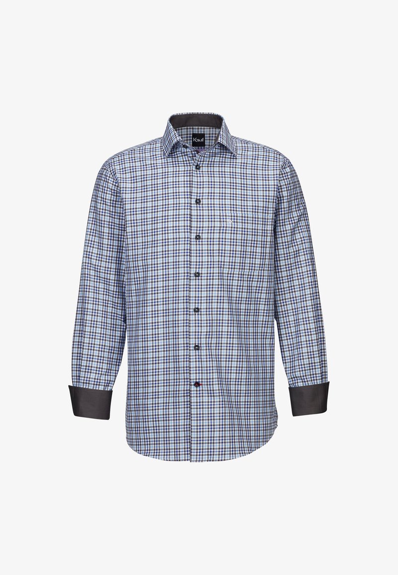 Camicia da uomo a maniche lunghe con fantasia a quadri blu e bianca, con polsini e colletto grigio scuro, dotata di chiusura con bottoni e taschino.