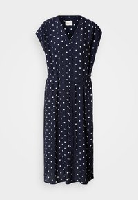 Navy blue dress with white polka dots, V-neck, short sleeves, button front, and a tied waist for an adjustable fit. Fluid, lightweight fabric.