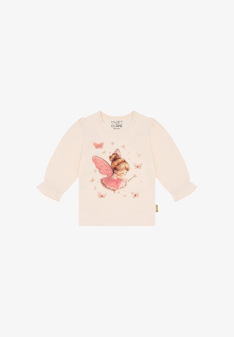 Cream-colored long-sleeve toddler shirt with a print of a fairy girl in a pink dress and wings surrounded by pink and beige butterflies.