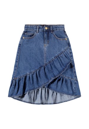 Denim skirt with a high waist, asymmetric ruffle detailing of lighter fabric at the hem, and standard front pockets.