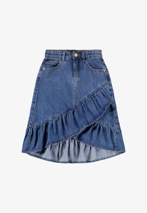 Spódnica dżinsowa z wysokim stanem, asymetryczne falbany z jaśniejszego materiału na dolnym brzegu oraz standardowe przednie kieszenie.