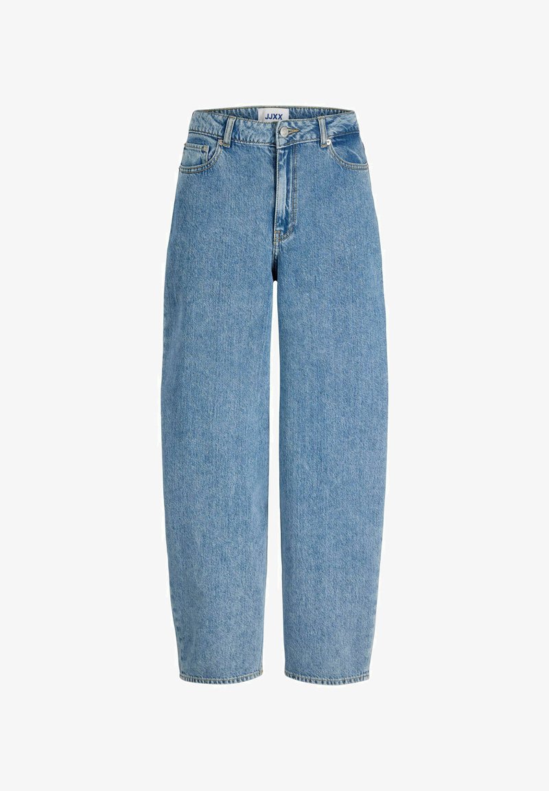 Light blue denim jeans with a high waist, straight cut, and wide legs. Features five pockets and a button fly. No visible patterns.