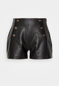 Shorts en cuir noir avec taille haute, texture lisse et accents de boutons dorés sur le côté pour le détail et la fermeture.