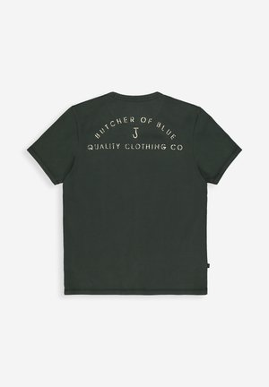 Dark green short-sleeve T-shirt with "Butcher of Blue Quality Clothing Co" printed in white on the upper back.