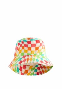 Kapelusz typu bucket wykonany z bawełny, w wielokolorowym wzorze w kratkę w odcieniach czerwonym, pomarańczowym, zielonym i niebieskim. Daszek jest szeroki, a materiał gładki.